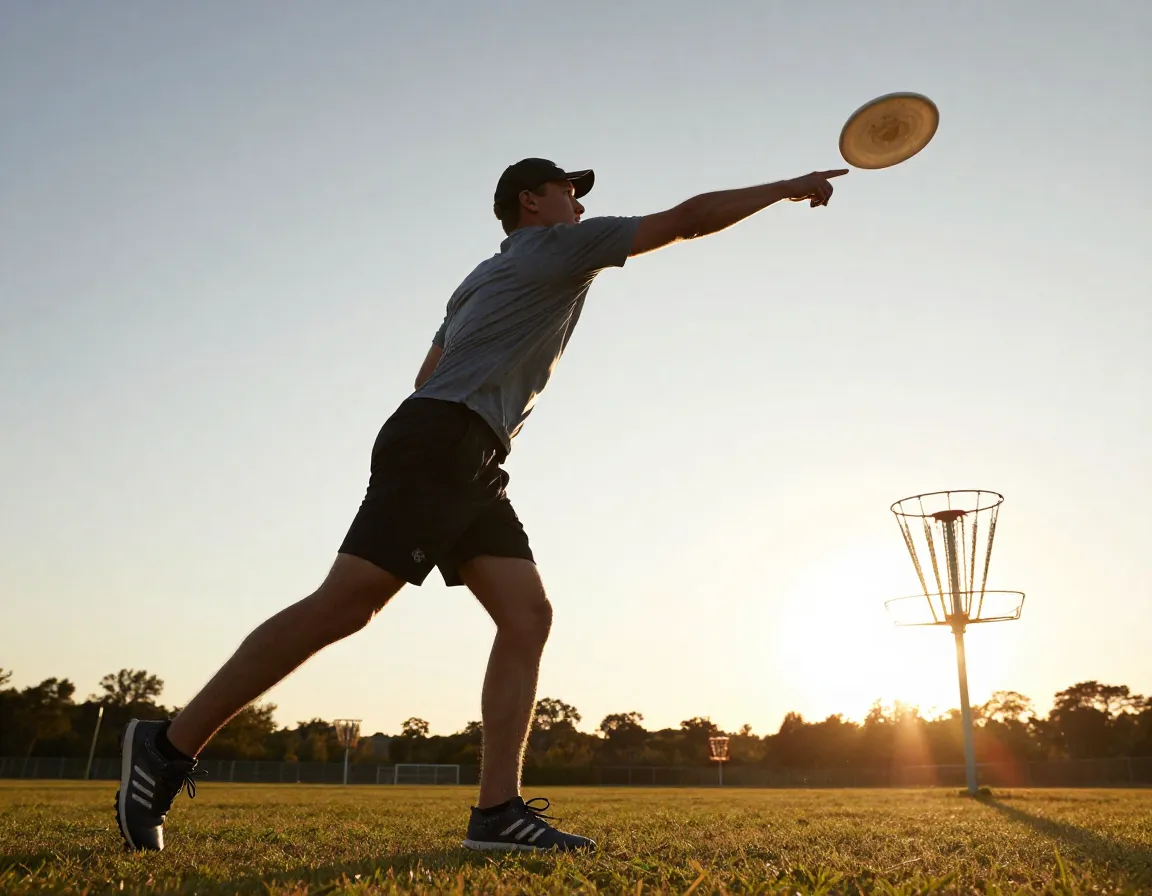 Disc golfer powerful follow through motion toward basket finish