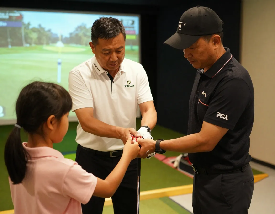Professional golf instructor coaching student on swing
