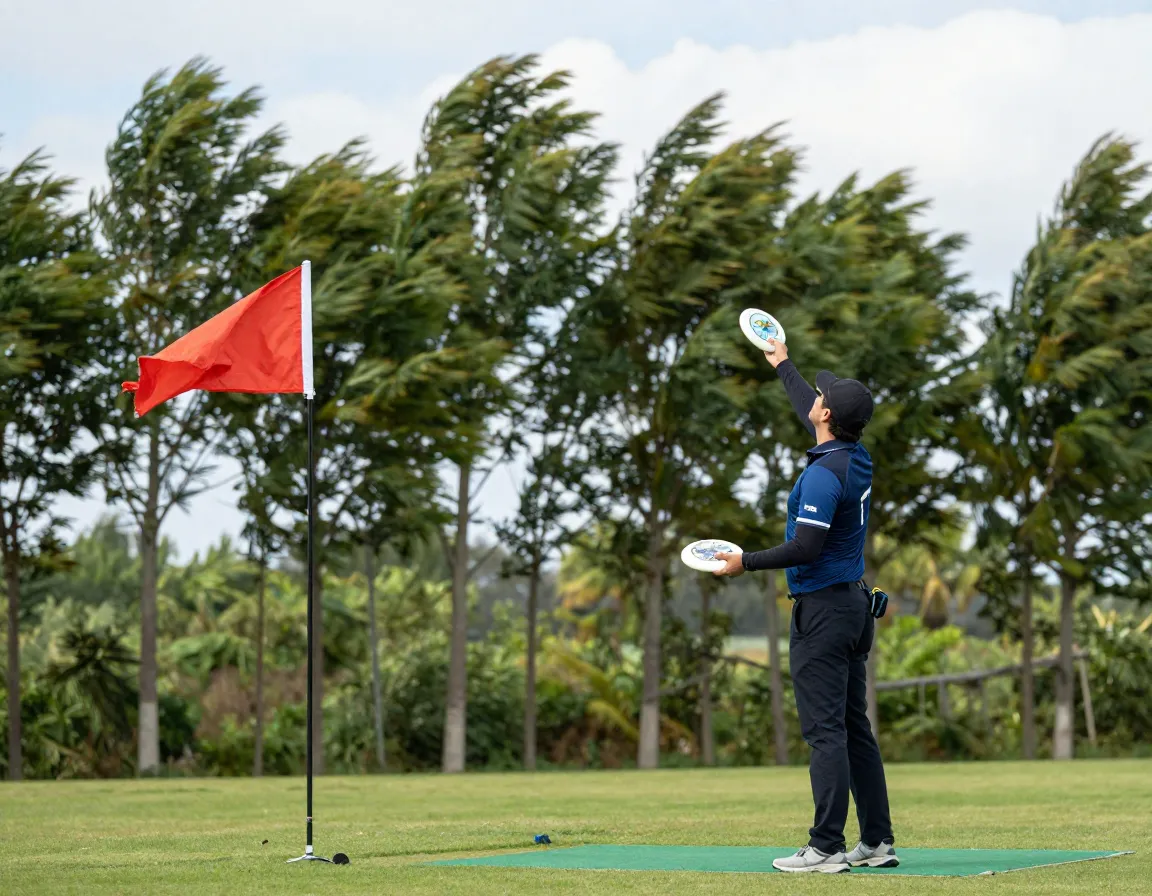 Disc golfer reading wind flag trees disc selection hand