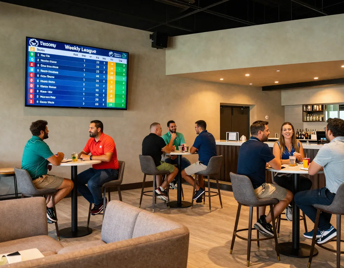 Indoor golf league competition scoreboard and socializing