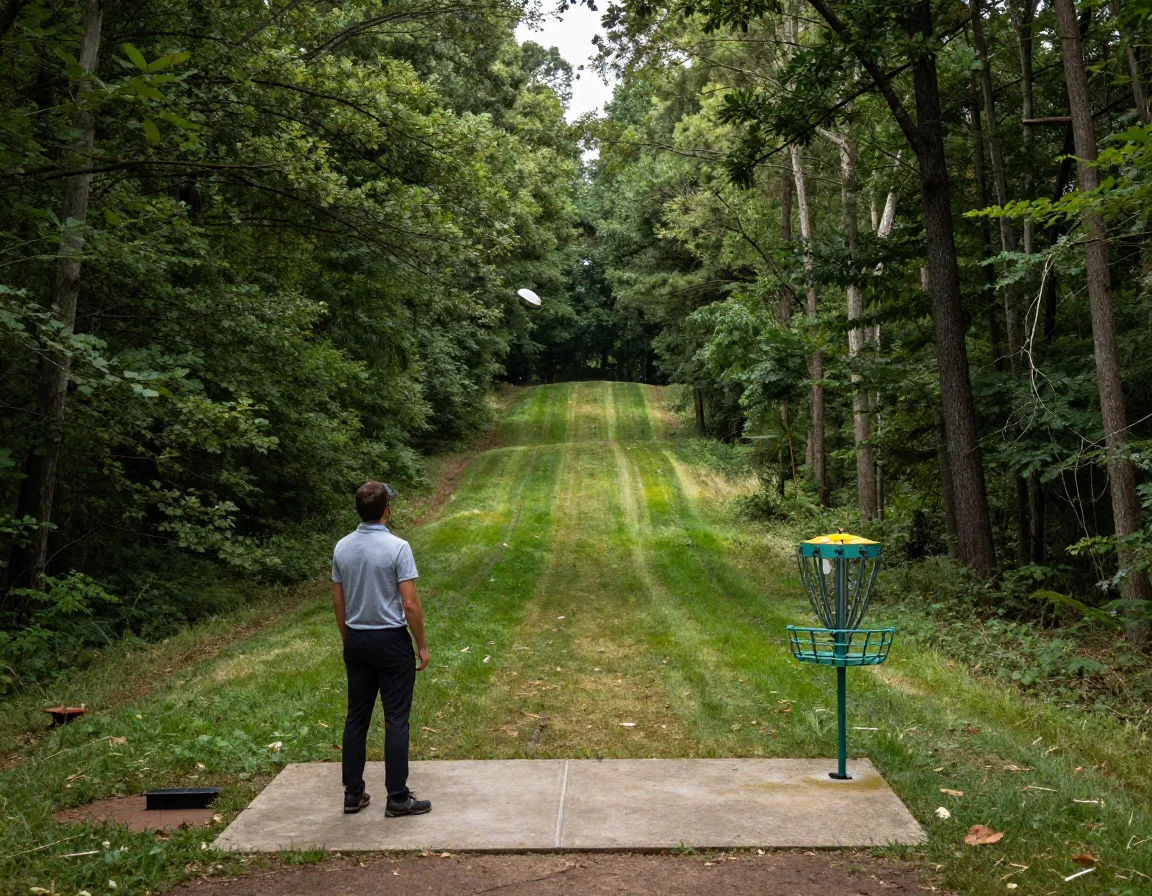 Disc golfer course management planning shot wooded fairway