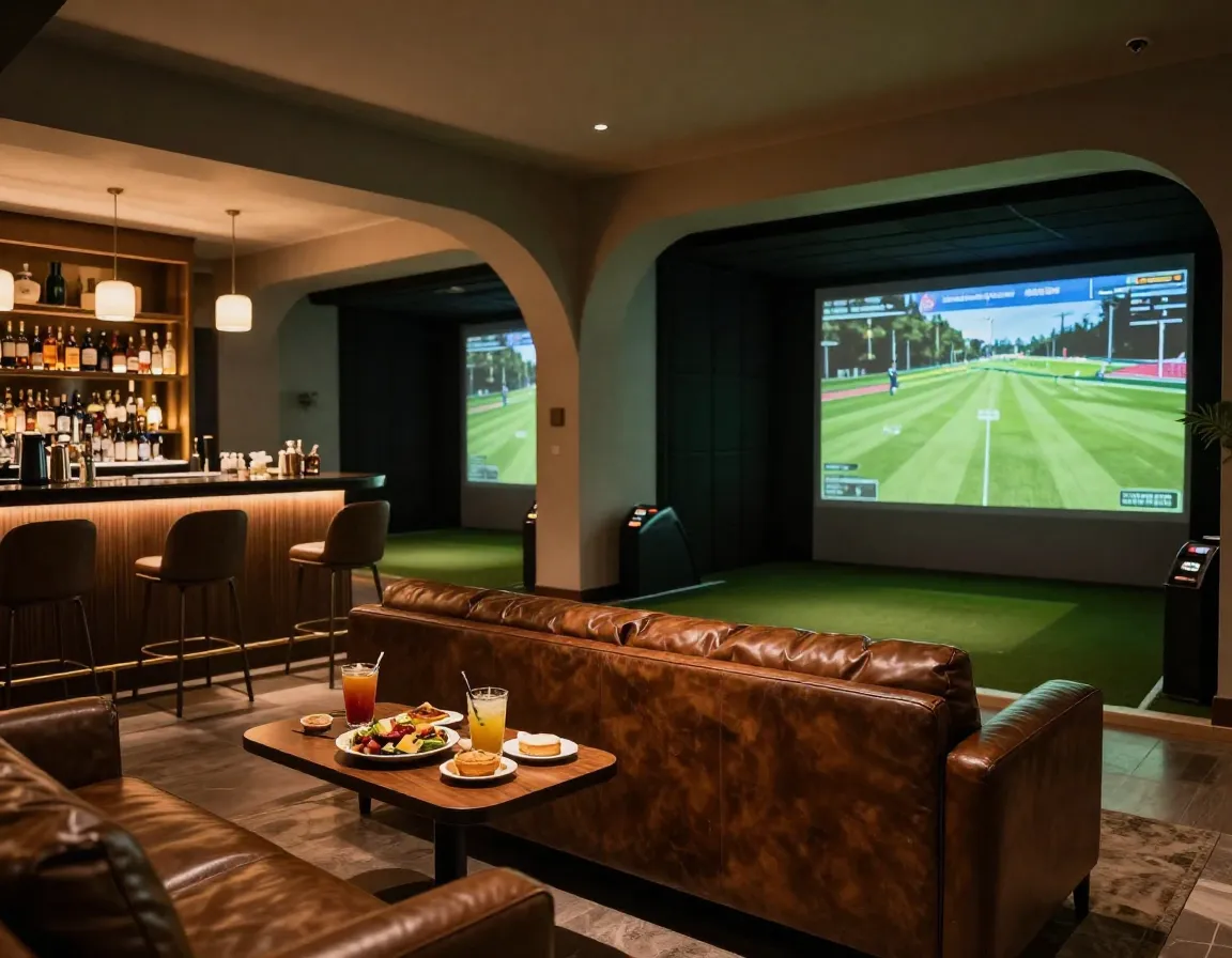 Indoor golf facility entertainment lounge amenities and services