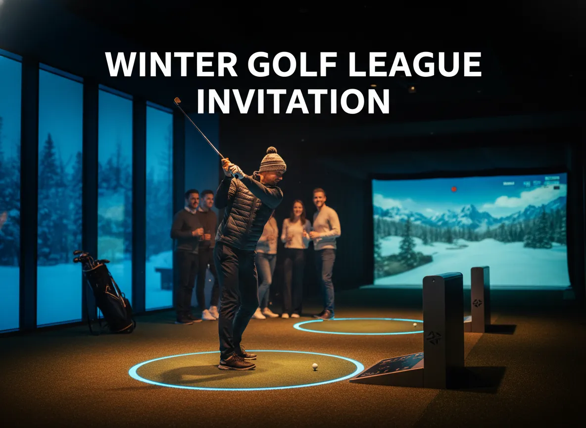 Golfer swing simulator social group warm lighting modern facility winter evening