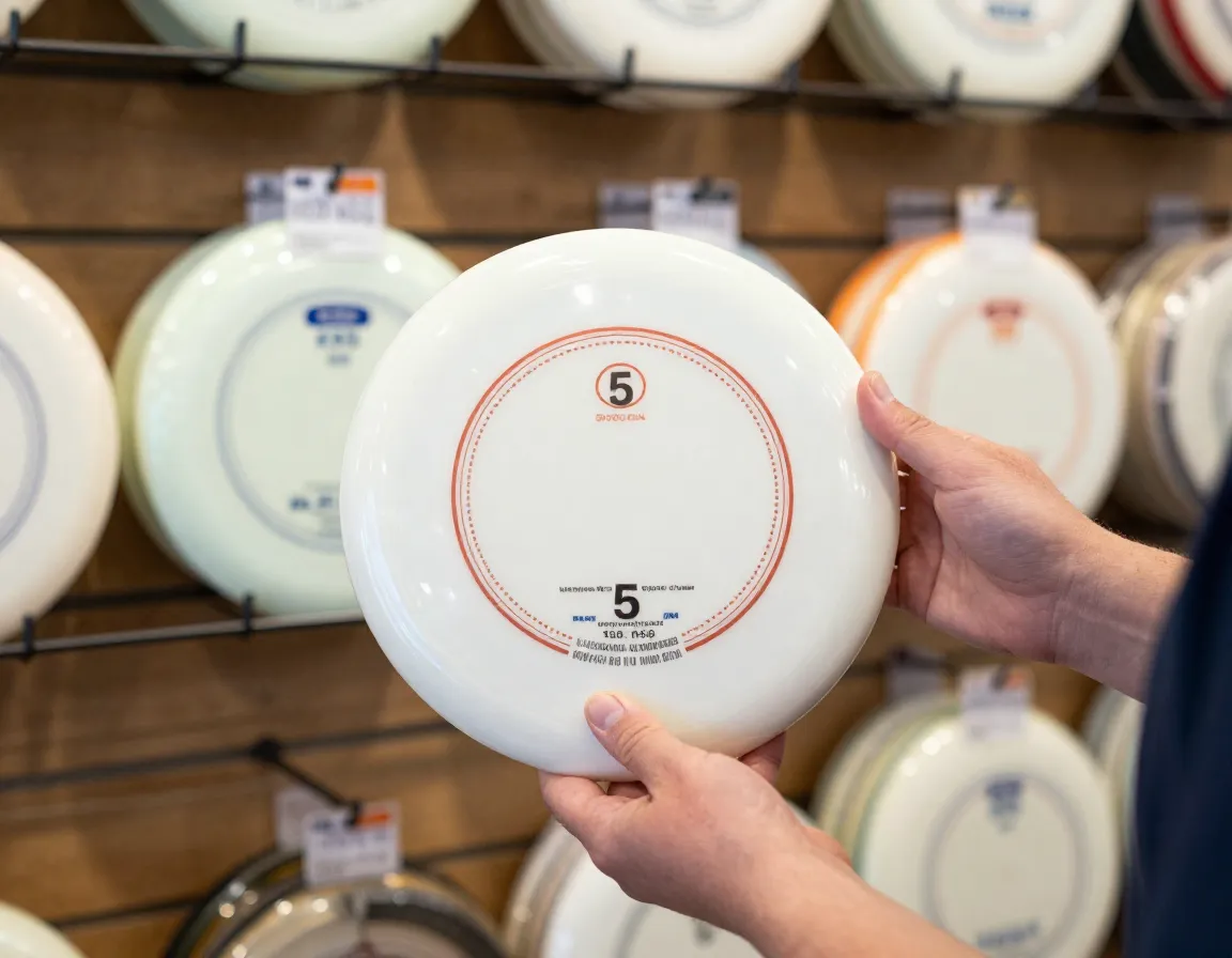 Beginner selecting lightweight understable midrange disc in shop
