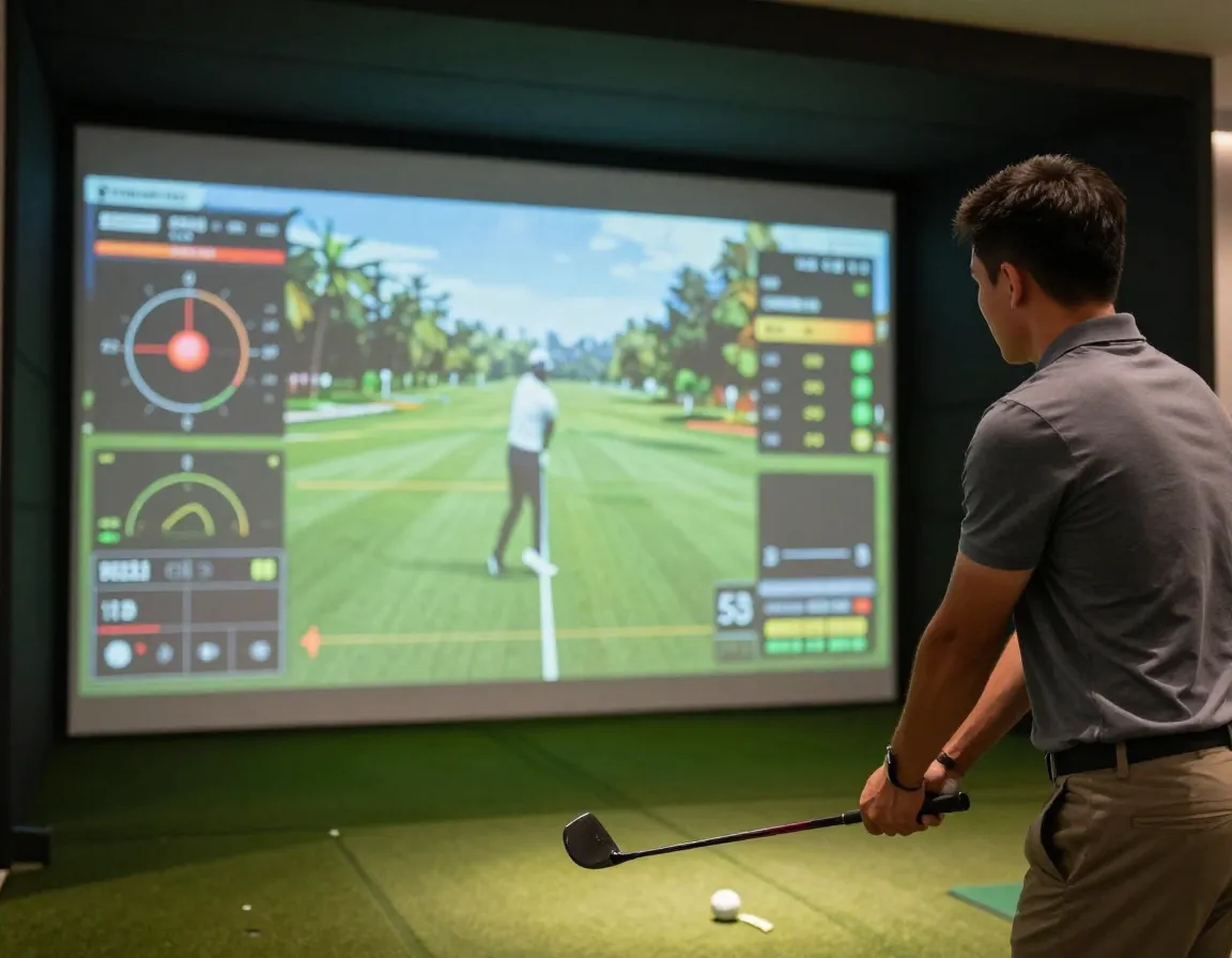 Golfer analyzing shot data on high tech golf simulator screen