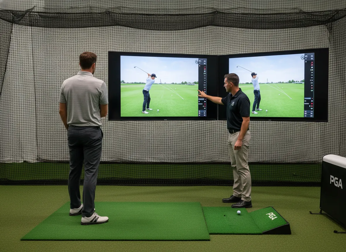 Golfer receiving instant video swing analysis feedback indoors