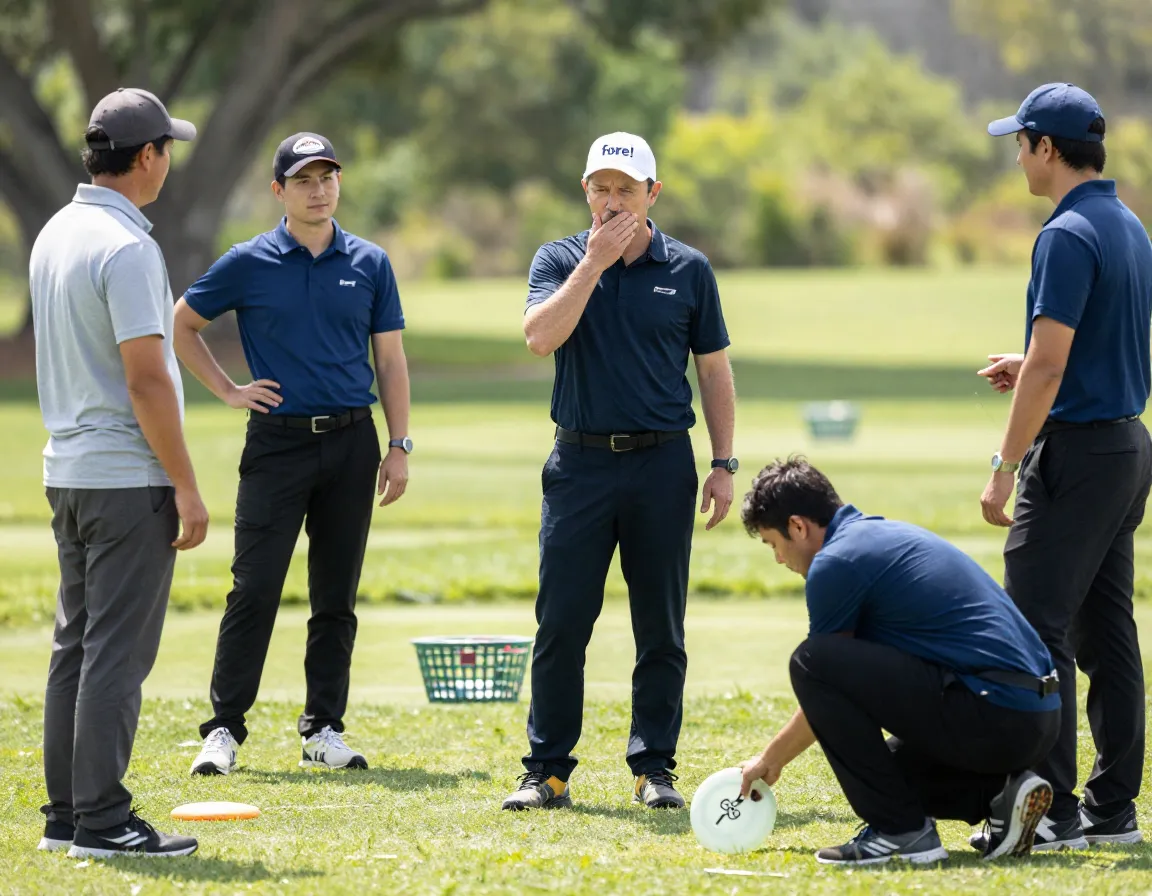 Disc golfers demonstrating waiting and helping etiquette