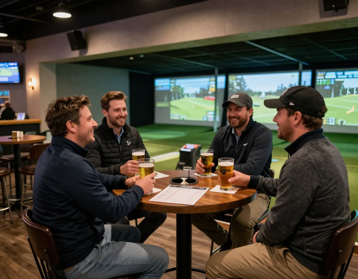 Small group of golfers socializing in indoor facility bar area