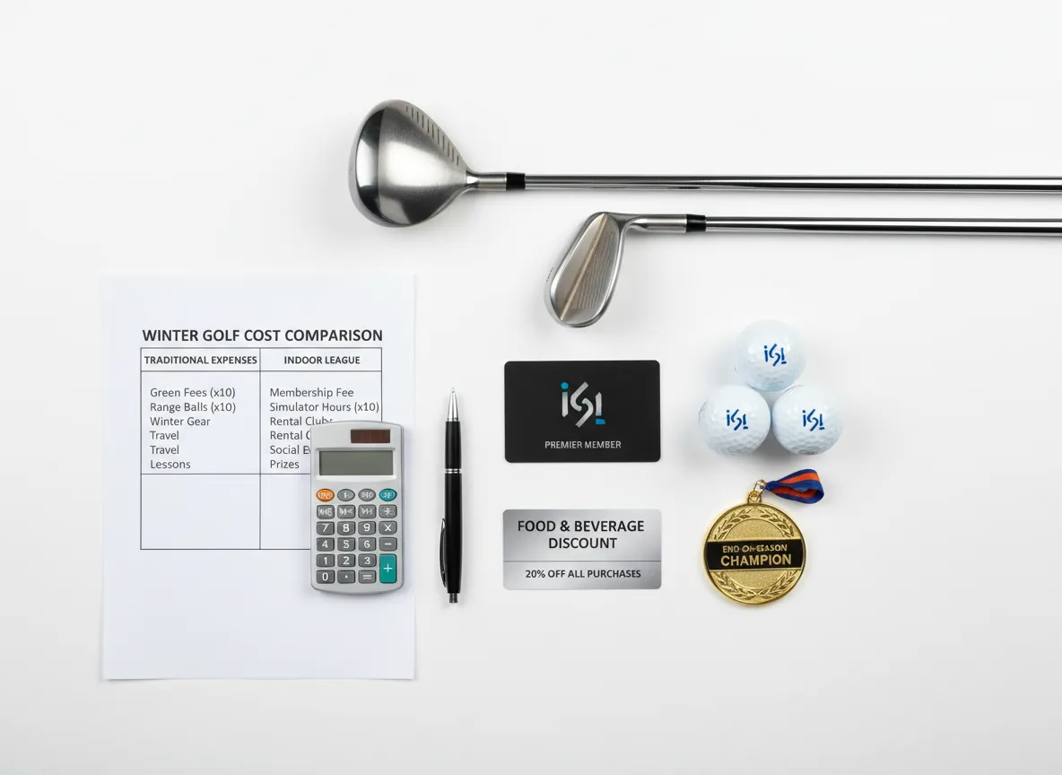 Cost comparison sheet next to indoor golf league membership card