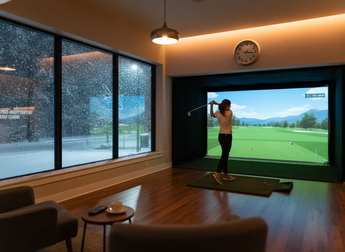 Golfer playing on simulator as snow falls outside window at night