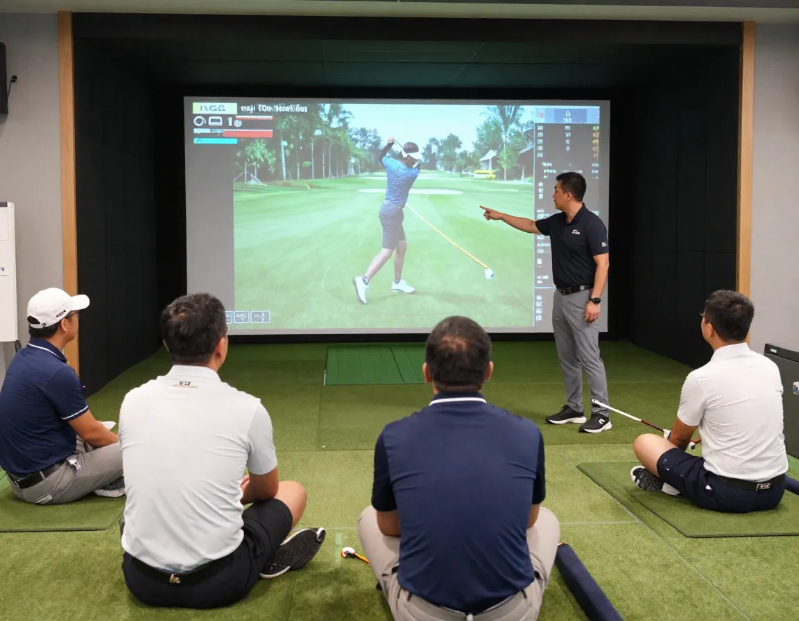 Pga professional giving group lesson using simulator replay technology