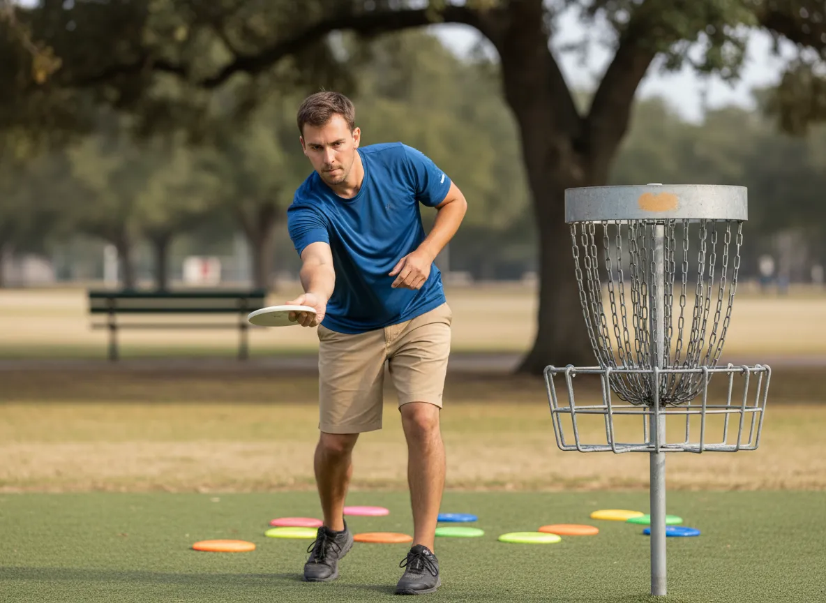 Disc golfer practicing short range putting at basket