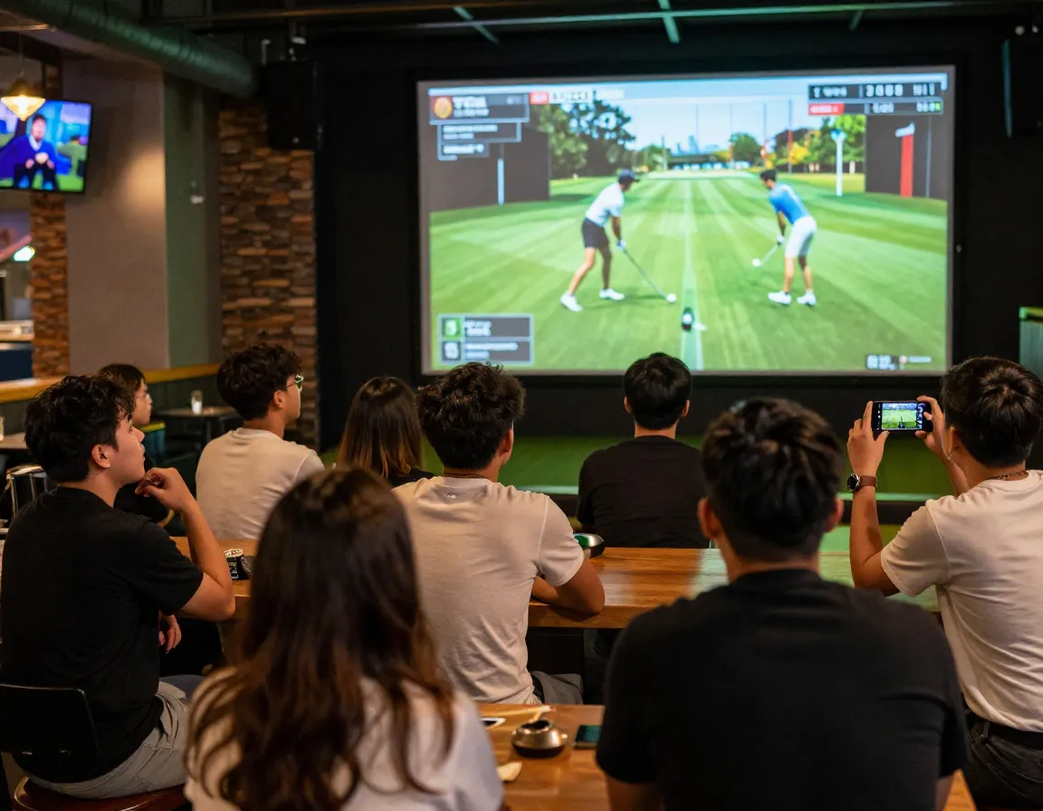 Young diverse crowd watching tgl match on big screen in sports bar