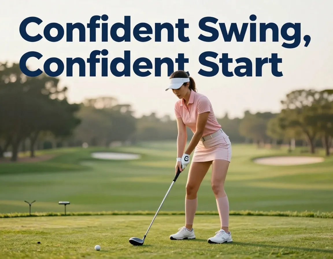 Beginner woman golfer confident tee box stance fundamentals
