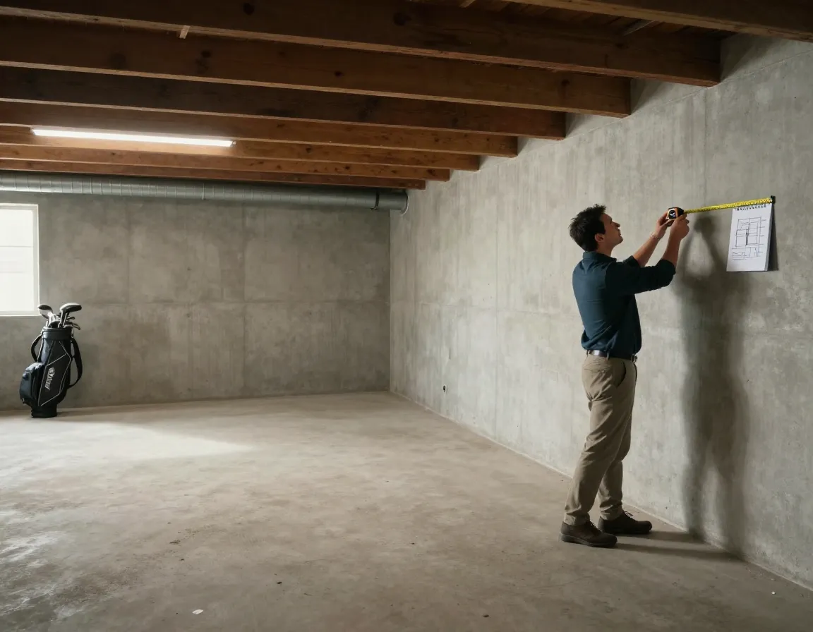 Golfer assessing basement space with tape measure and notes