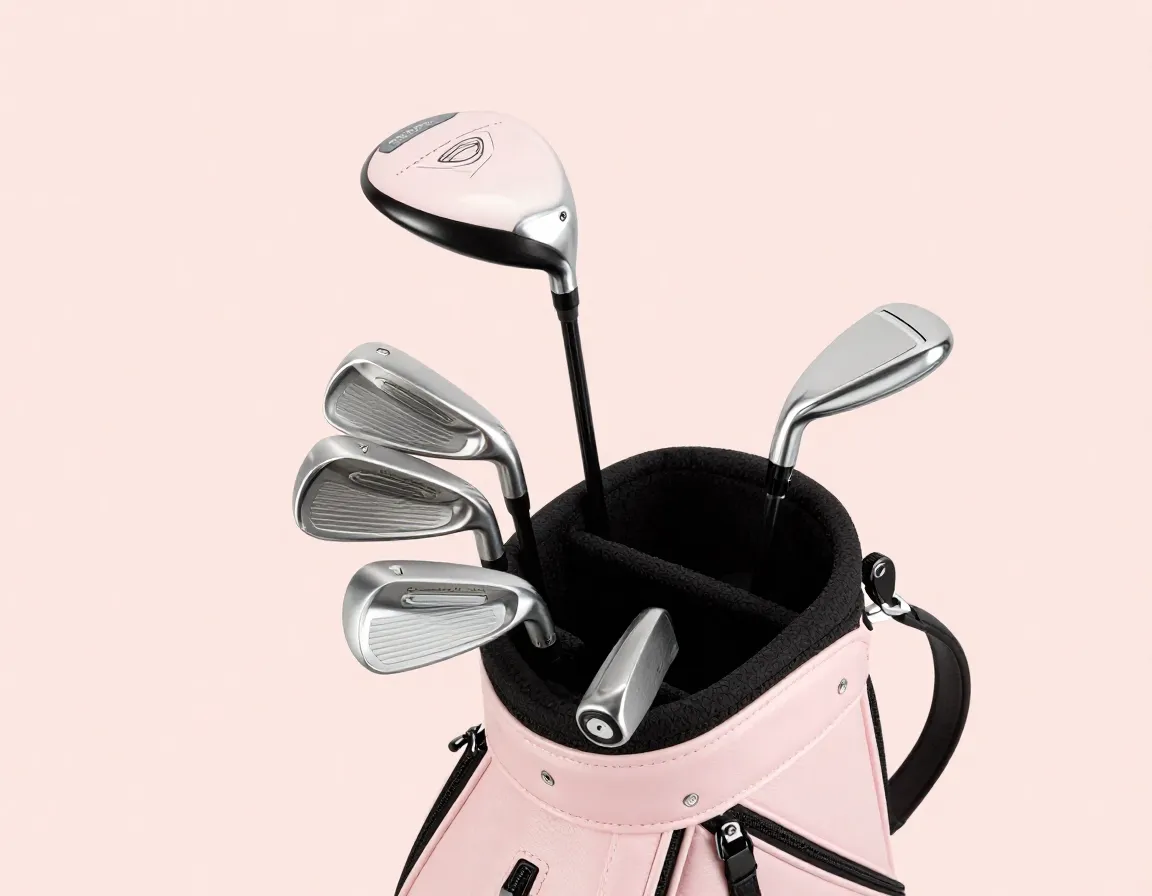 Womens beginner golf starter set clubs arranged on a golf bag