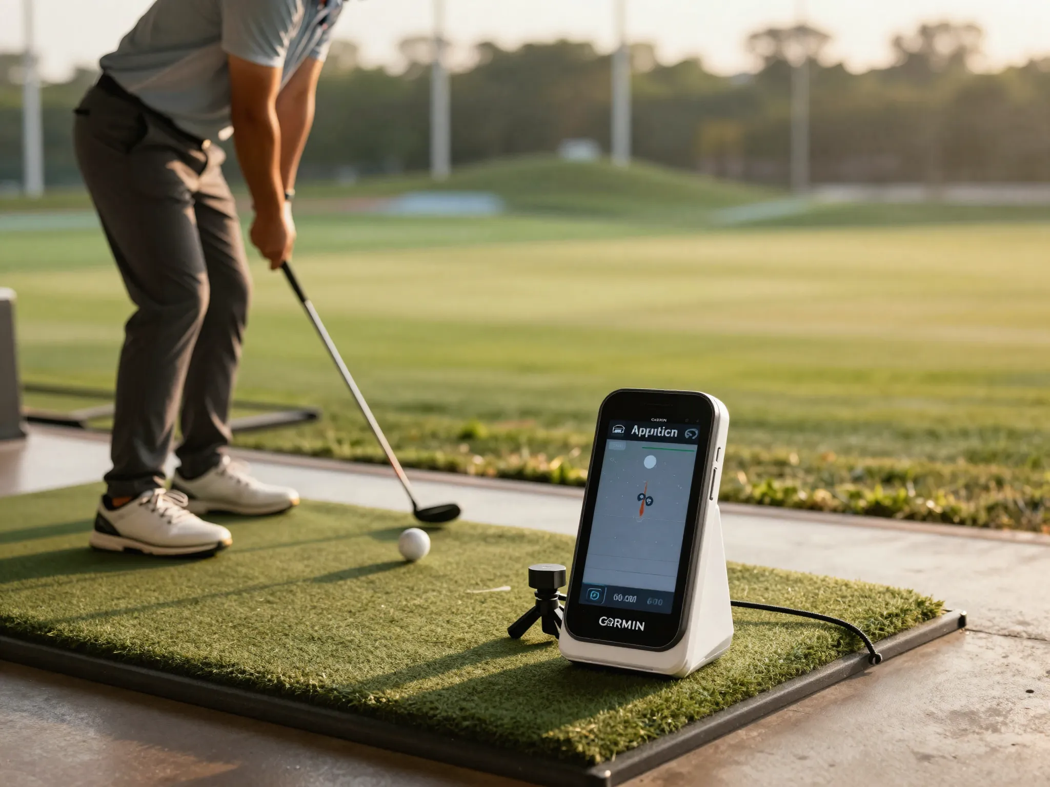 Golfer using garmin approach r10 launch monitor on driving range mat