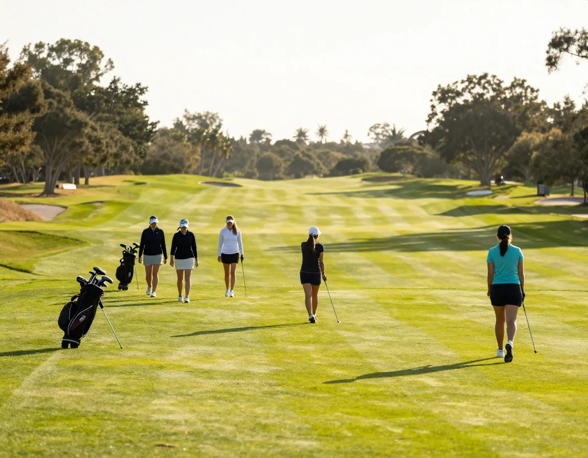 Golfers maintaining pace of play on a sunlit fairway