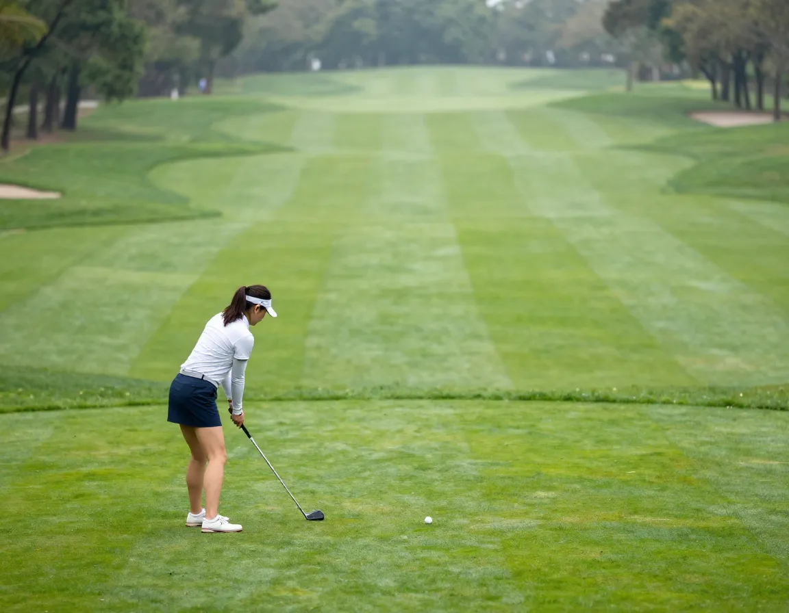 Beginner woman golfer teeing off on a wide forgiving fairway