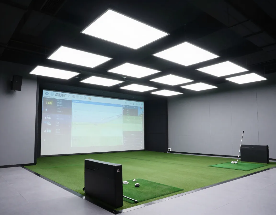 Well lit indoor golf simulator with adjustable led panel lighting