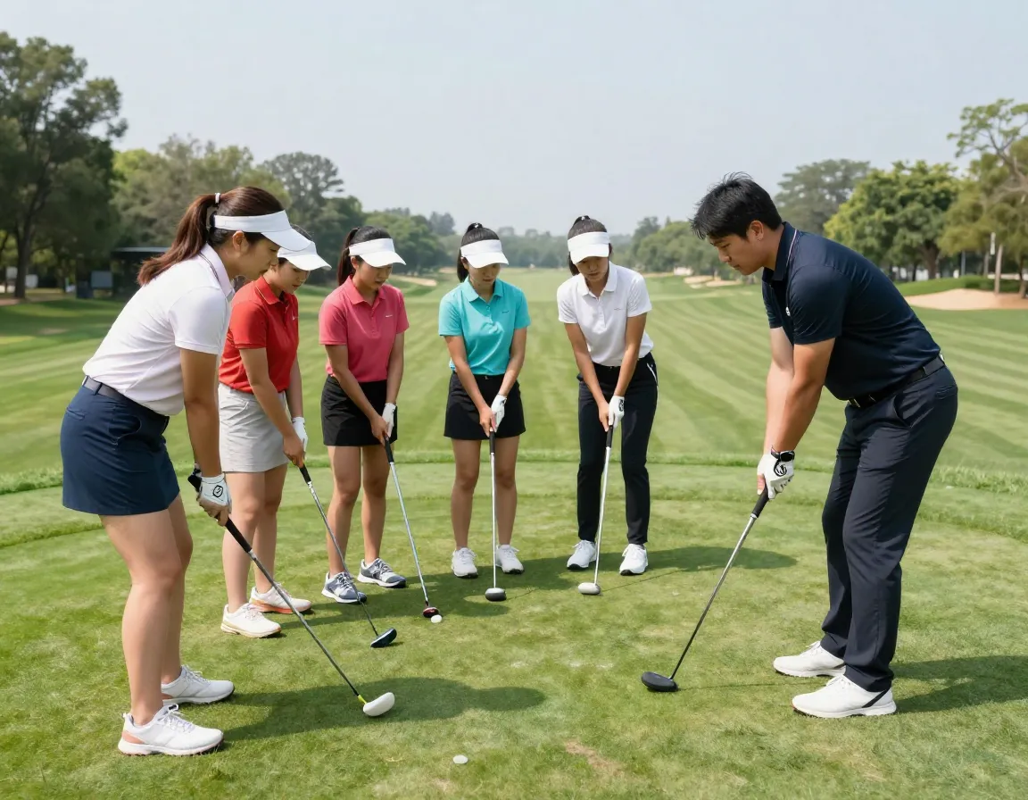 Womens beginner golf clinic with a professional instructor on a putting green