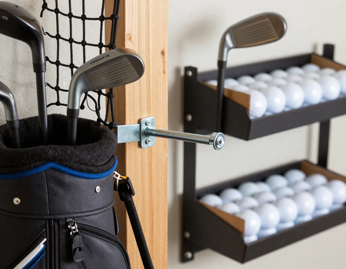 Secure net anchor point and organized golf equipment storage rack