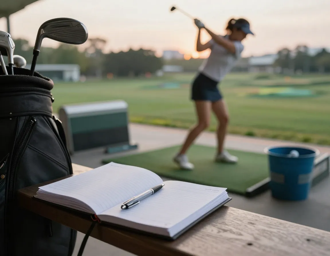 Woman golfer practicing purposefully on a driving range with a journal