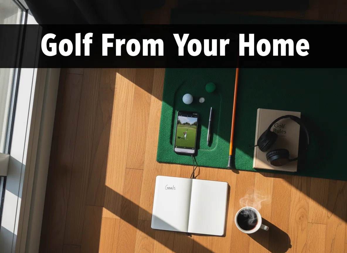 Aerial flat lay golf beginners home learning tools setup on wood