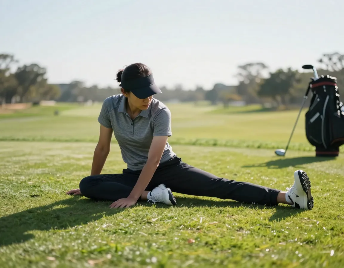 Golfer performing 90 90 hip stretch on green grass targeting internal external rotation
