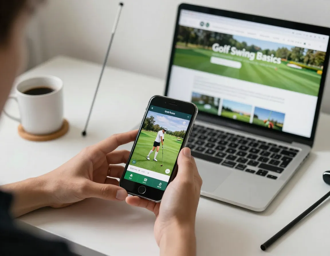 Person watching golf instruction app on phone at home desk
