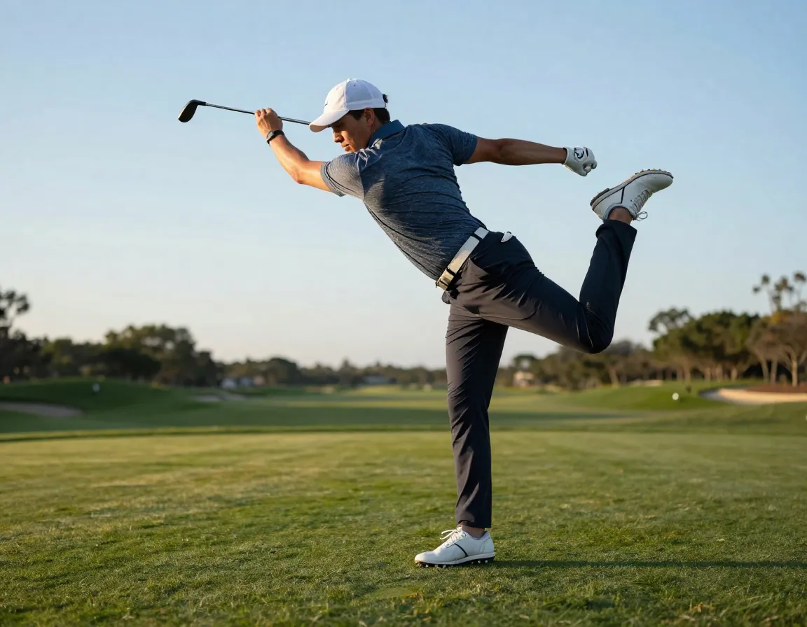 Golfer balancing on one leg performing standing hip controlled articular rotations