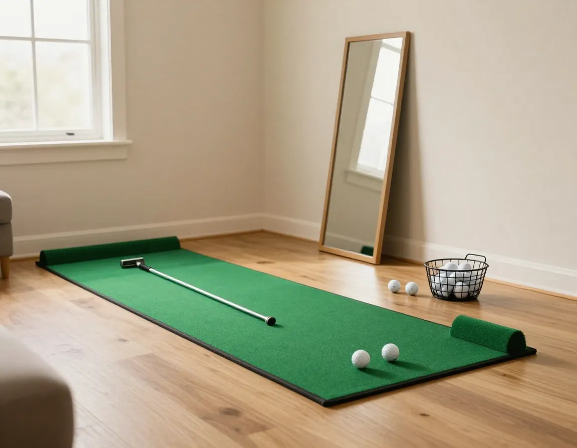 Minimalist home putting practice setup in a living room corner