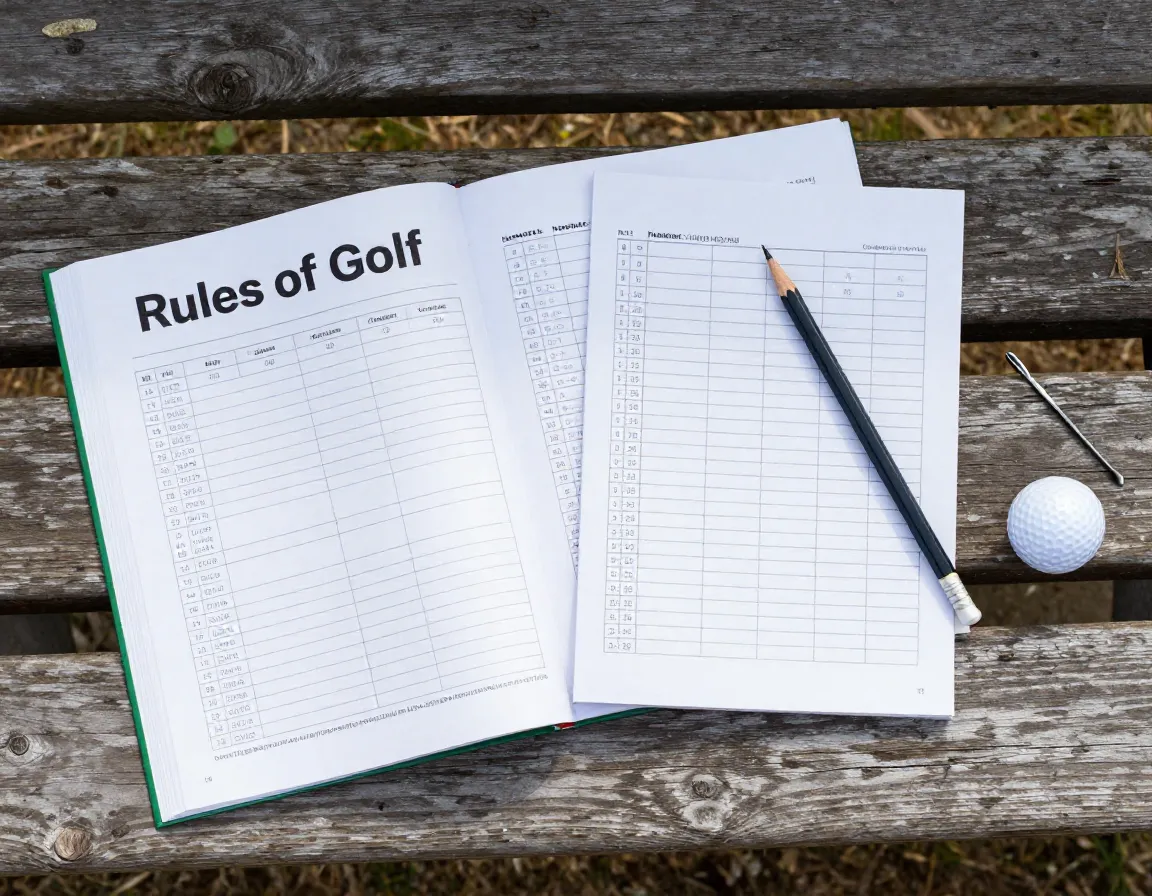Golf rulebook open next to scorecard and pencil on a bench