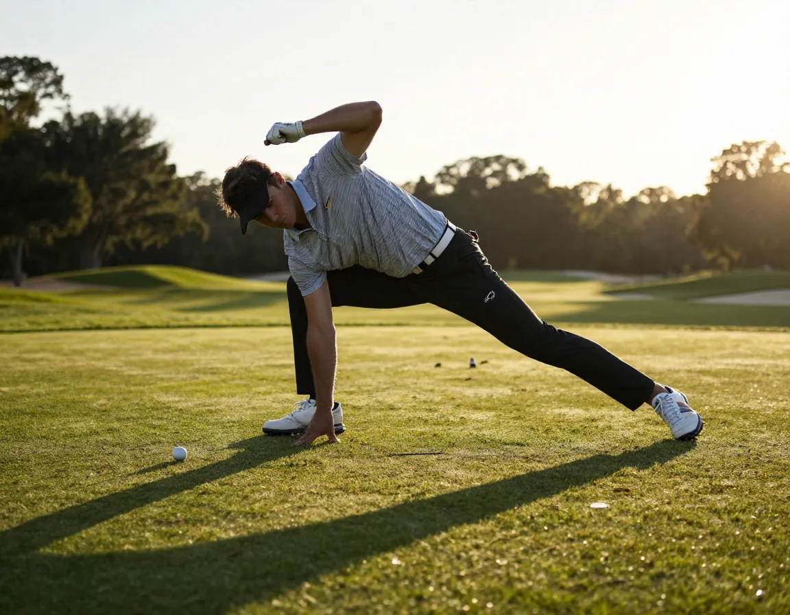 Golfer performing the worlds greatest stretch in a lunge position on a tee box