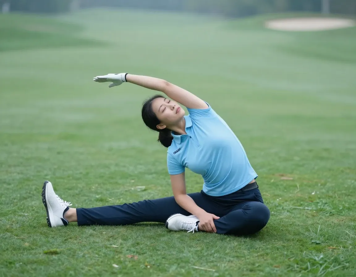 Golfer in 90 90 position performing an oblique side bend stretch on a practice green