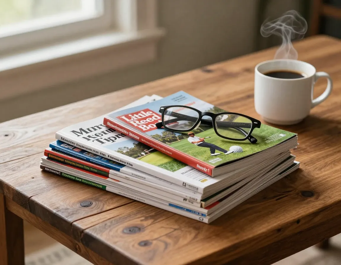 Stack of golf magazines and books on a wooden coffee table