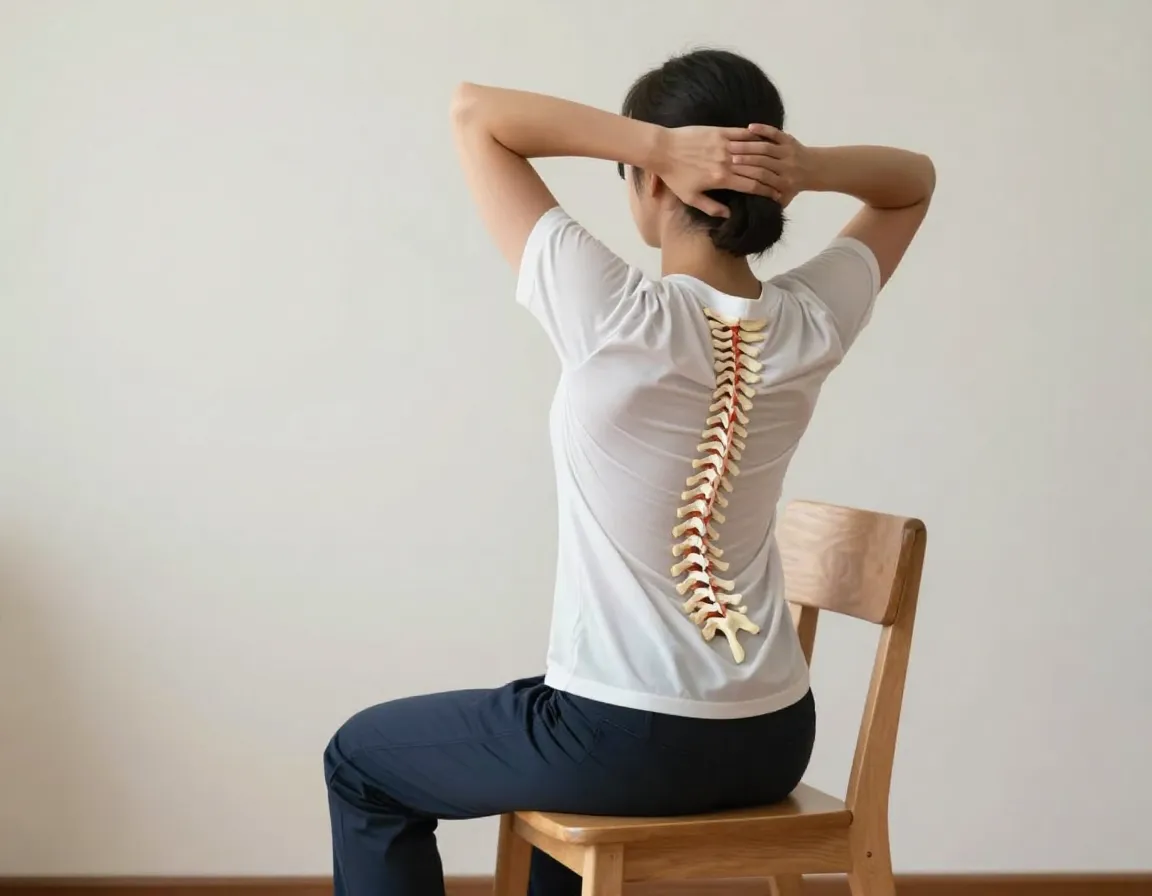 Golfer seated in chair performing a seated spinal twist stretch