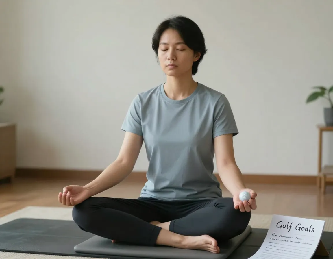Person meditating and visualizing a golf swing in a quiet room
