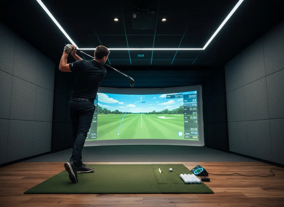 Person swinging a club in a high tech indoor golf simulator bay