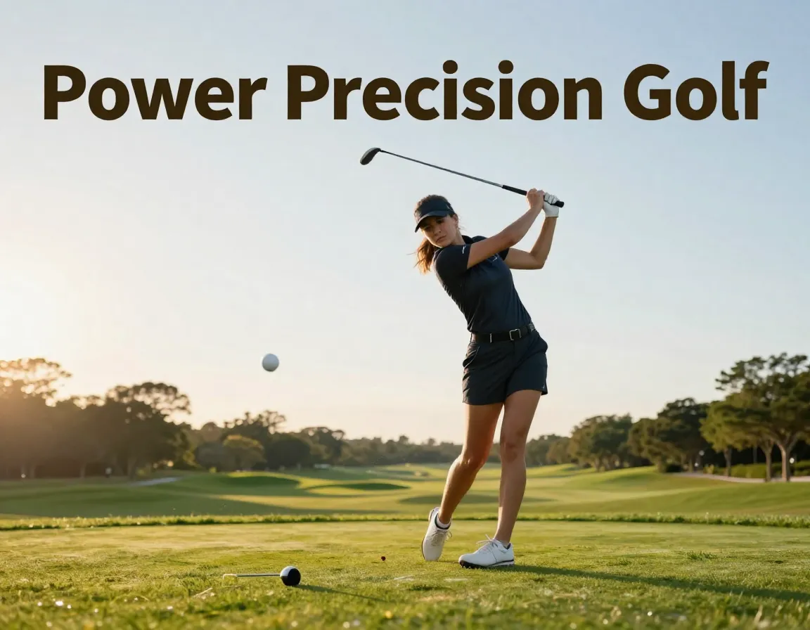 Athletic female golfer golden hour follow through fairway background