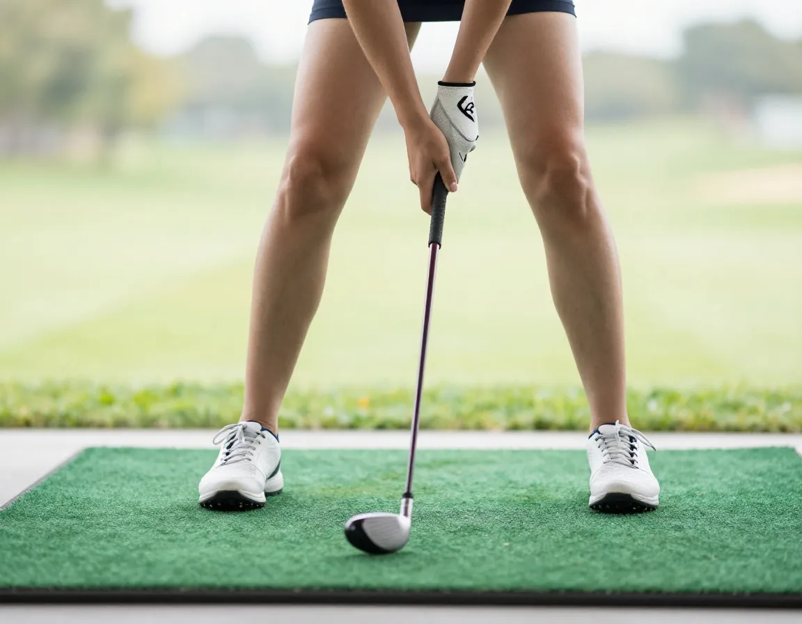Woman golfer at driving range with proper wide stance and grip