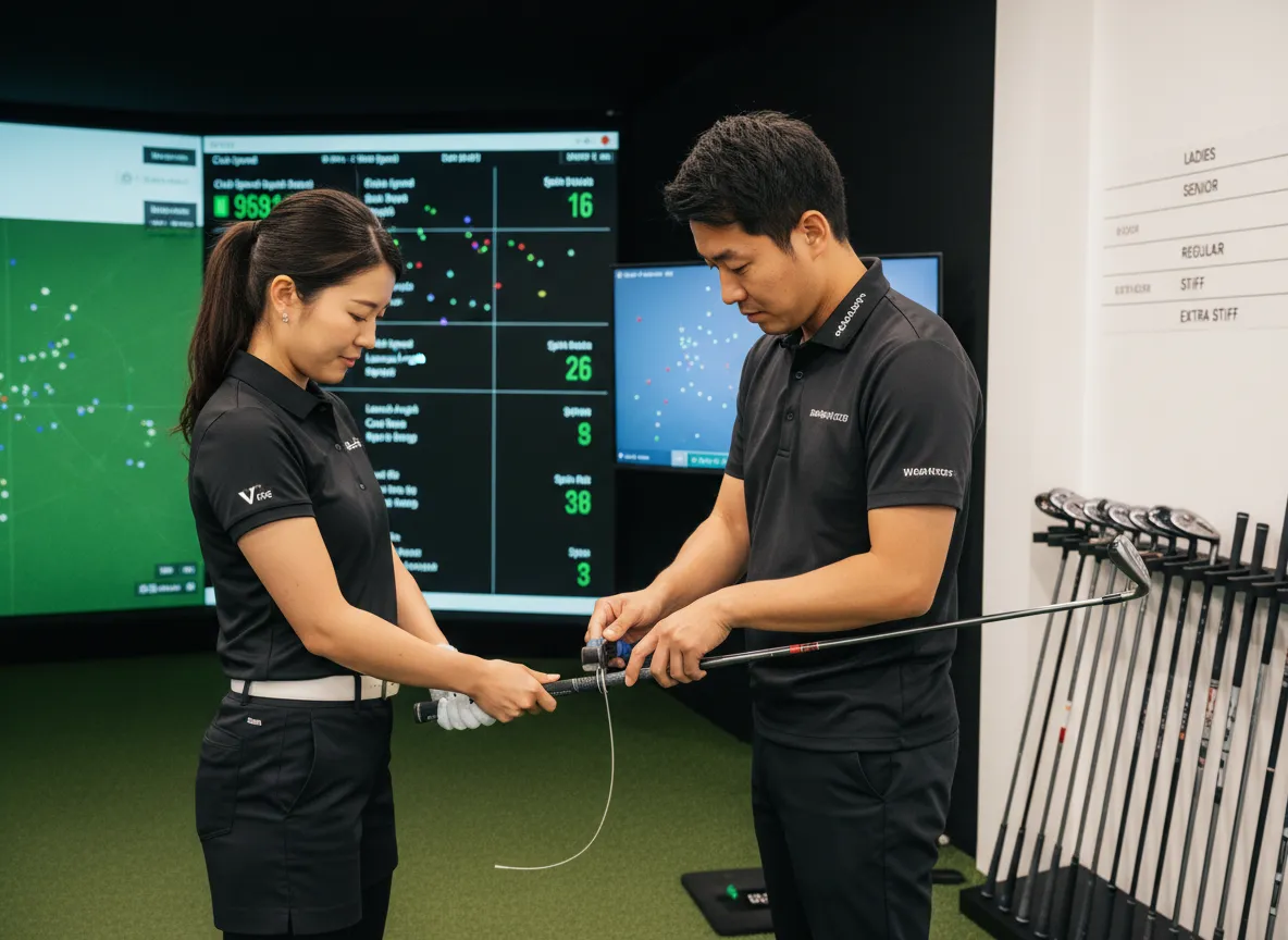 Professional club fitting for a woman in a golf shop