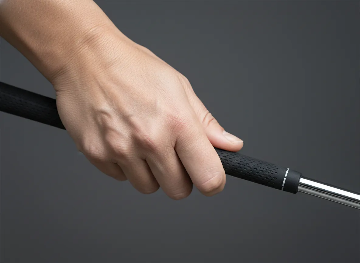 Close up of a womans hands holding a golf club with correct grip