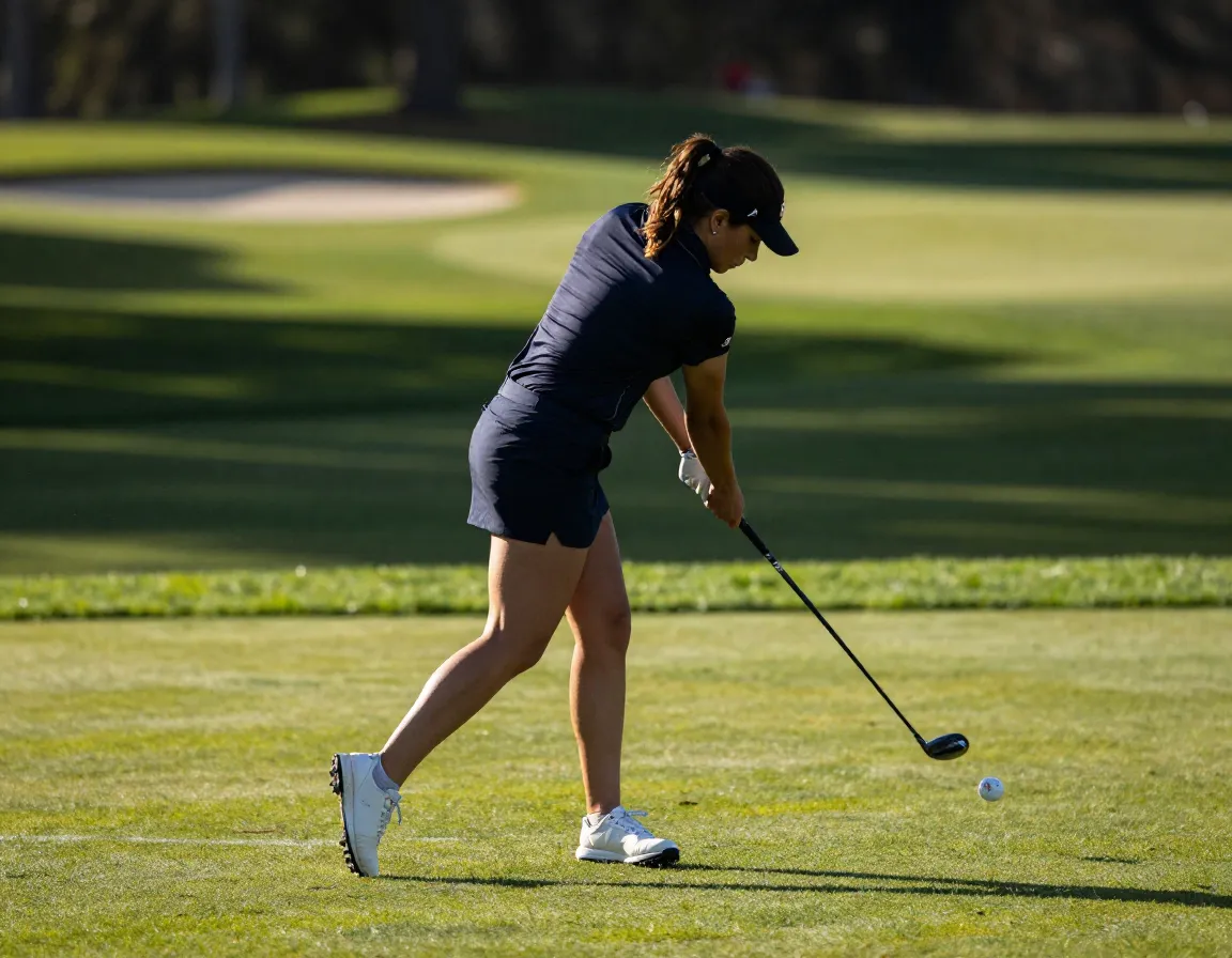 Woman golfer driving ball with power from legs and hip rotation