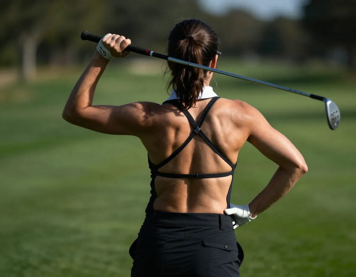 Golfer at top of backswing showcasing shoulder and hip tension
