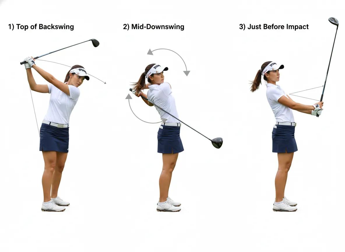 Sequence showing maintained wrist hinge during golf downswing