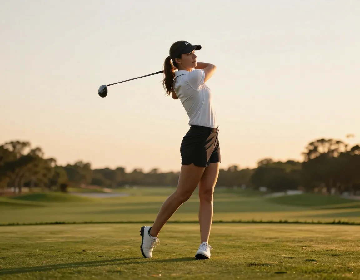 Woman golfer with smooth balanced tempo during full swing finish