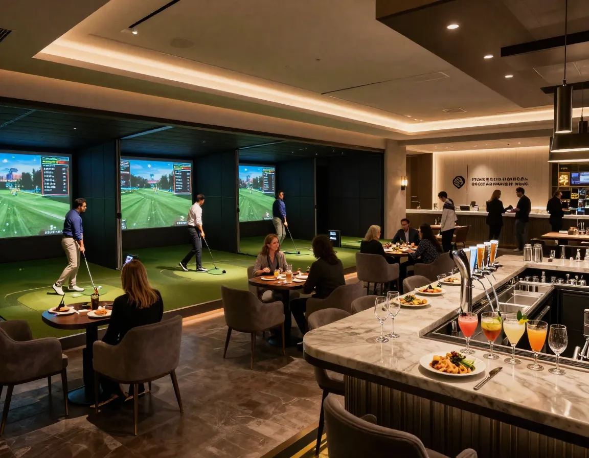 Five iron golf sophisticated urban social golf entertainment hub night out