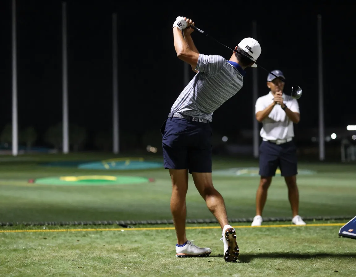 Golfer mid downswing executing shift turn push sequence