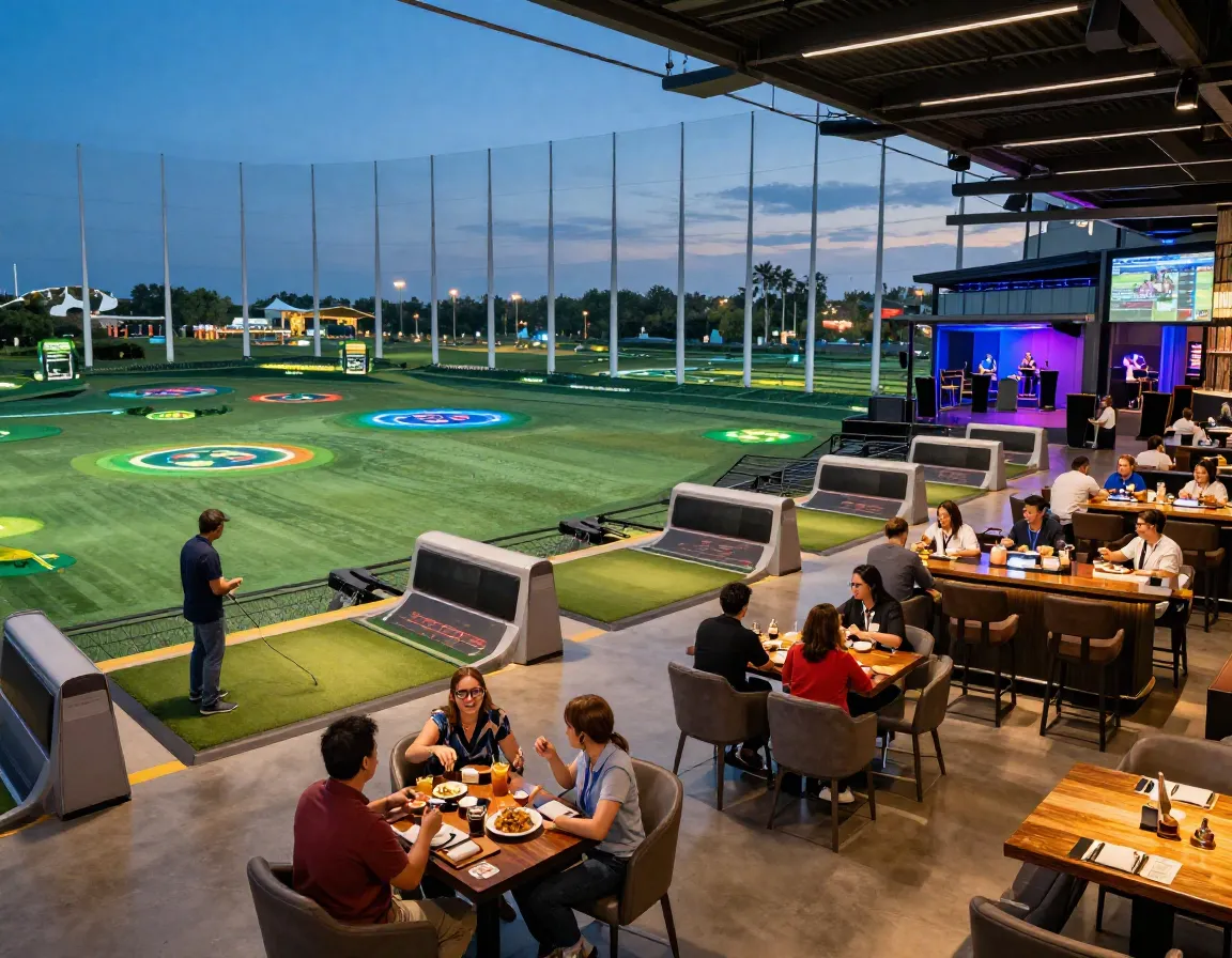 Topgolf style venue climate controlled driving range restaurant bar games
